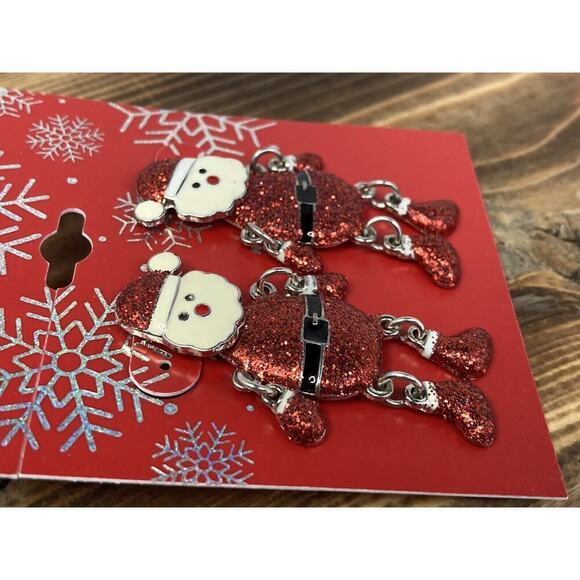 Santa Christmas Holiday Enameled Dangle Drop Earrings Red Sparkle - Picture 3 of 6